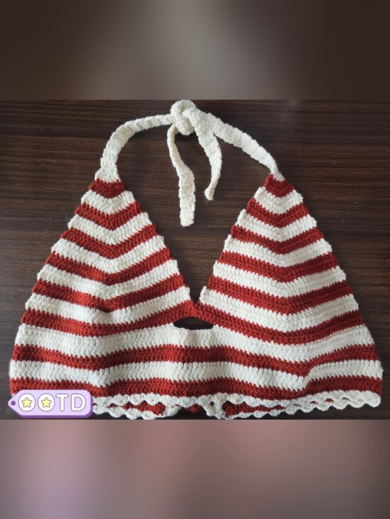 Tops - Handmade Crocheted Halter Top in Cream and Rust Stripe